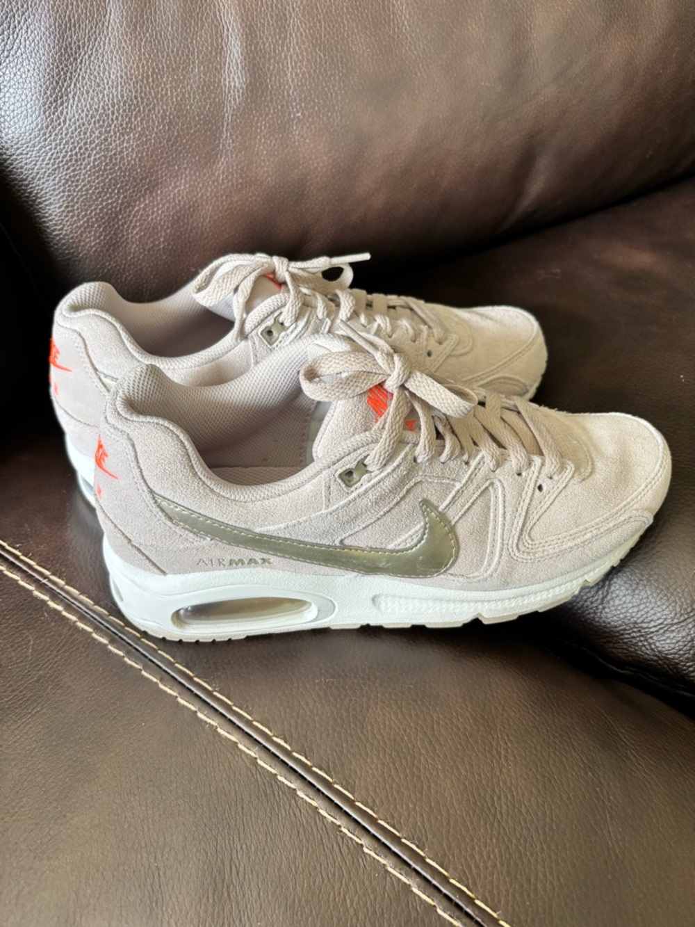 Nike Women's Air Max Sneakers - Light Beige with Olive Swoosh and Orange Accents
